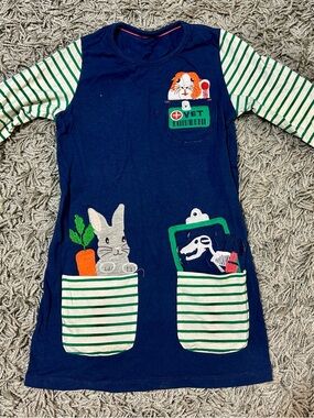 Navy Vet Pocket Dress with Green Striped Sleeves